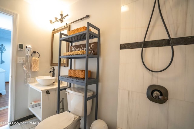 full bathroom with toilet, walk in shower, and vanity