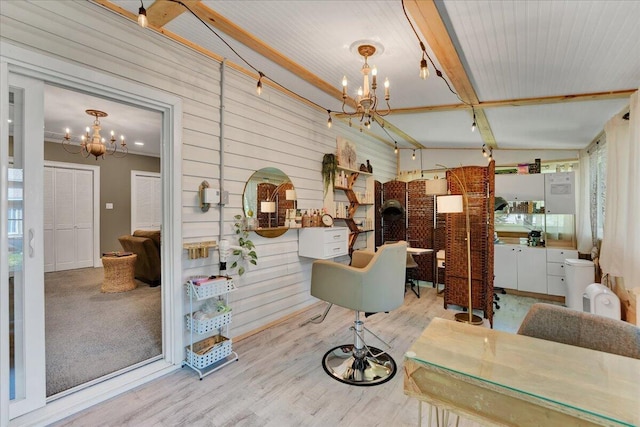 84 Deer View Dr, Jim Thorpe, PA 18229 - living room with a chandelier, wooden walls, wood finished floors, and beamed ceiling