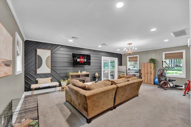 84 Deer View Dr, Jim Thorpe, PA 18229 - living area featuring crown molding, recessed lighting, light carpet, and a chandelier