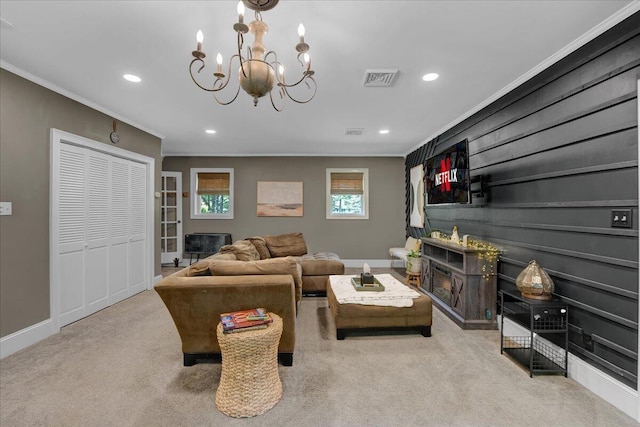 84 Deer View Dr, Jim Thorpe, PA 18229 - carpeted living room featuring ornamental molding, recessed lighting, and a chandelier