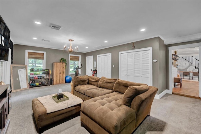 84 Deer View Dr, Jim Thorpe, PA 18229 - living area with light colored carpet, recessed lighting, crown molding, and a chandelier