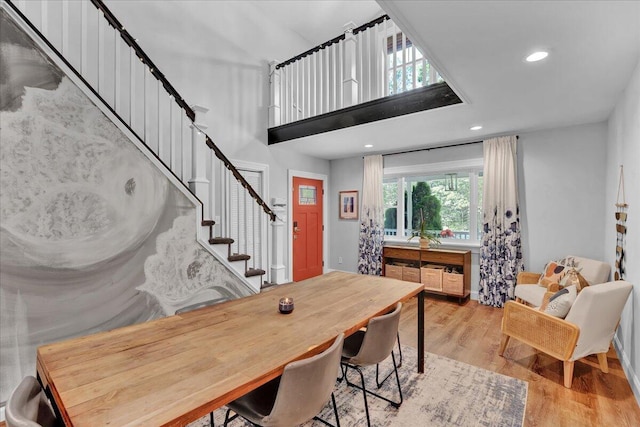 84 Deer View Dr, Jim Thorpe, PA 18229 - dining area with stairway, wood finished floors, and recessed lighting