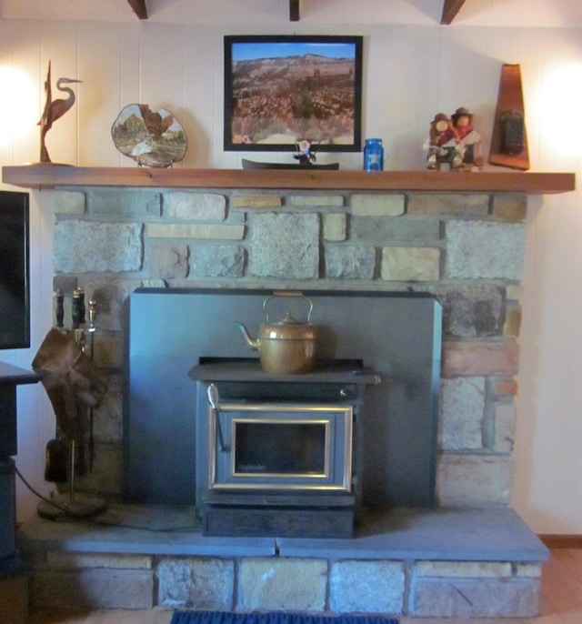 room details featuring a wood stove
