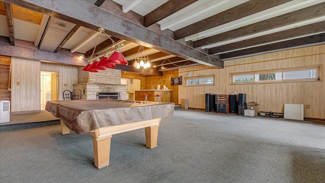 300 Indian Lake Trl, White Haven, PA 18661 - playroom with wood walls, beamed ceiling, carpet, billiards table, and a fireplace