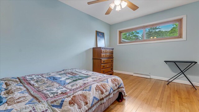 300 Indian Lake Trl, White Haven, PA 18661 - bedroom featuring light wood-style flooring, baseboards, baseboard heating, and a ceiling fan