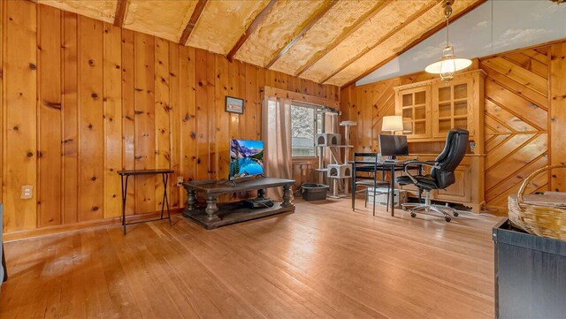 300 Indian Lake Trl, White Haven, PA 18661 - office space featuring lofted ceiling, wood-type flooring, and wooden walls