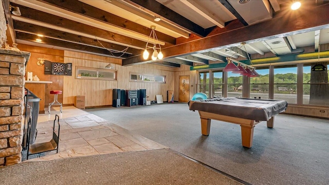 300 Indian Lake Trl, White Haven, PA 18661 - game room featuring carpet, beam ceiling, wooden walls, and billiards table
