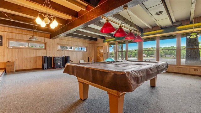 300 Indian Lake Trl, White Haven, PA 18661 - playroom featuring wood walls, carpet, pool table, a chandelier, and beamed ceiling