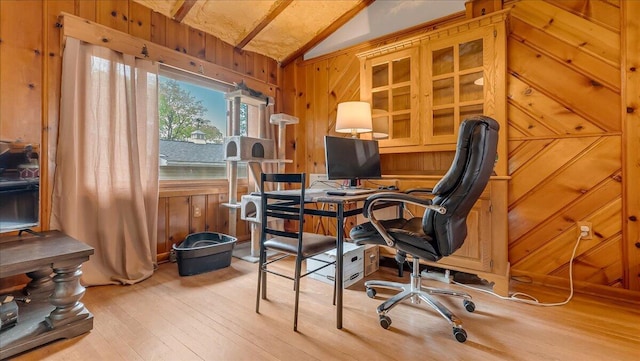 300 Indian Lake Trl, White Haven, PA 18661 - office with wooden walls, light wood-type flooring, and vaulted ceiling