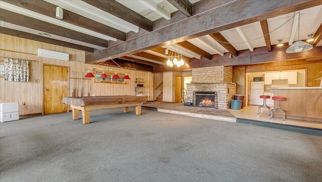 300 Indian Lake Trl, White Haven, PA 18661 - playroom with wood walls, beamed ceiling, pool table, a stone fireplace, and a chandelier