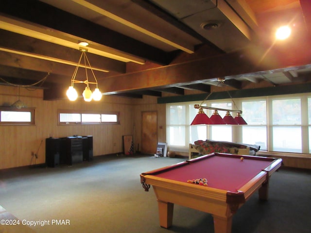 playroom featuring carpet floors, wood walls, beam ceiling, and pool table