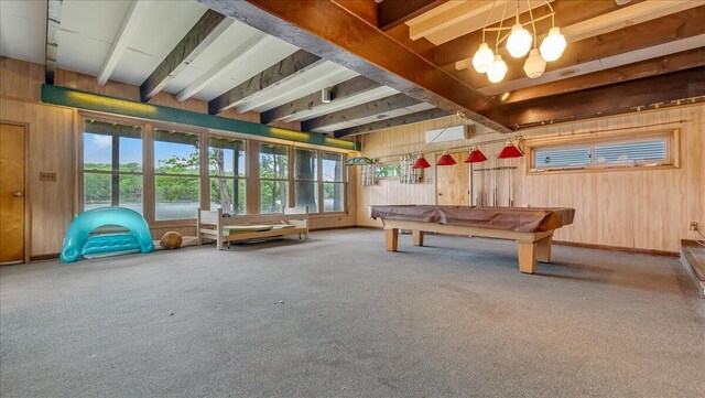 300 Indian Lake Trl, White Haven, PA 18661 - recreation room featuring wooden walls, pool table, a chandelier, and carpet flooring