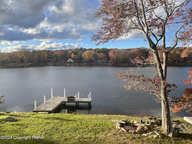 view of dock with a water view and a view of trees