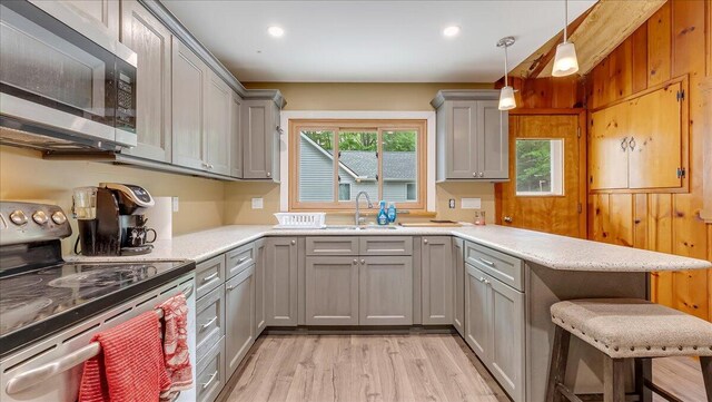 300 Indian Lake Trl, White Haven, PA 18661 - kitchen with appliances with stainless steel finishes, gray cabinets, a sink, light wood finished floors, and a peninsula