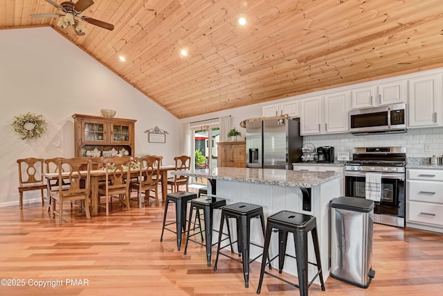 kitchen with tasteful backsplash, wood ceiling, a breakfast bar, a center island, and stainless steel appliances