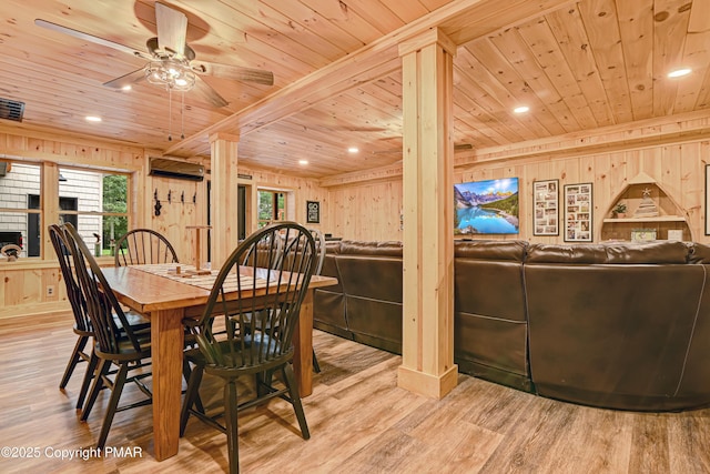 dining room featuring wooden ceiling, plenty of natural light, and wooden walls