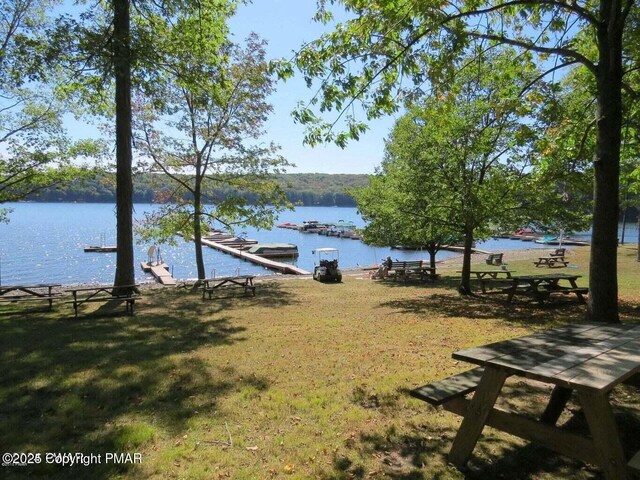 view of yard with a water view and a boat dock