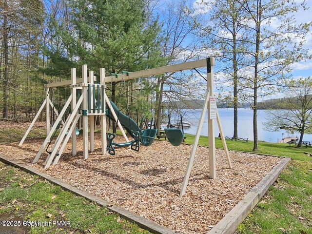 view of play area featuring a water view