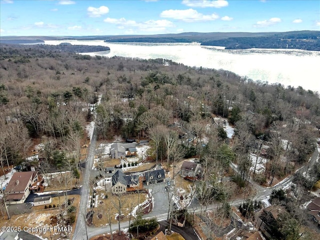 aerial view featuring a water view and a view of trees