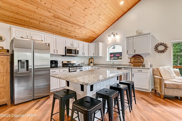 kitchen featuring stainless steel appliances, wooden ceiling, white cabinetry, and a sink