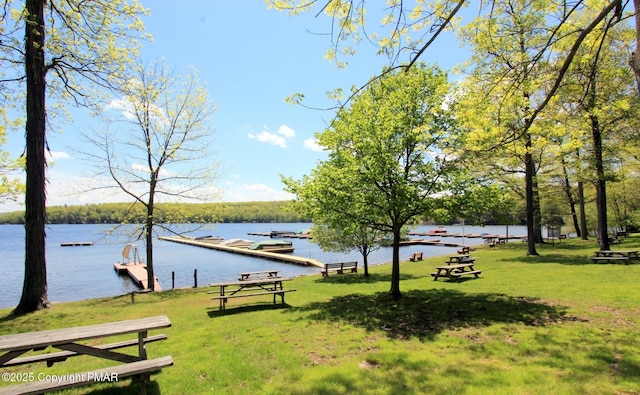 view of home's community featuring a yard, a boat dock, and a water view