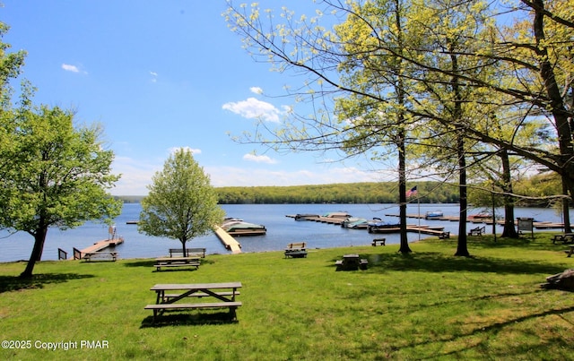 view of home's community featuring a dock, a water view, and a yard