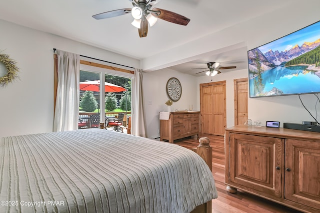 bedroom with light wood-type flooring, access to exterior, and ceiling fan