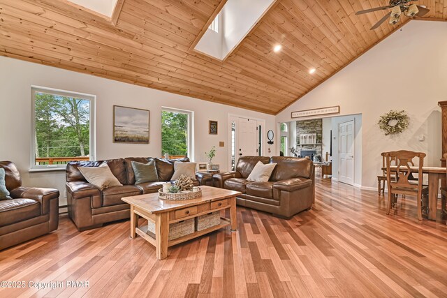 living room featuring high vaulted ceiling, a skylight, ceiling fan, wooden ceiling, and light hardwood / wood-style flooring