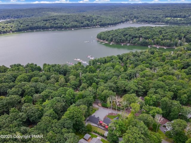 aerial view featuring a water view and a forest view