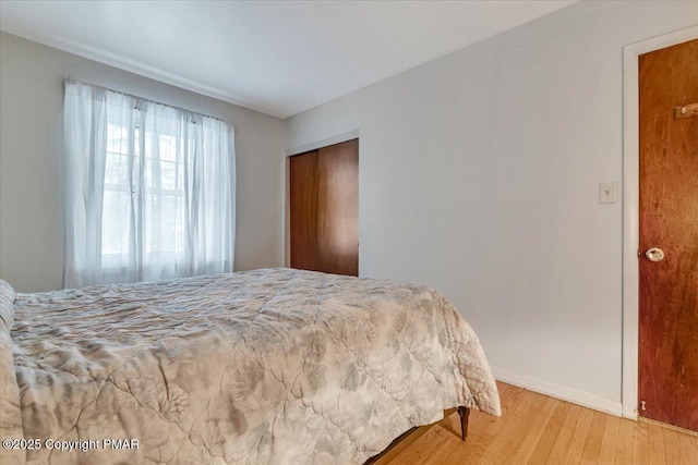 bedroom featuring hardwood / wood-style floors and a closet