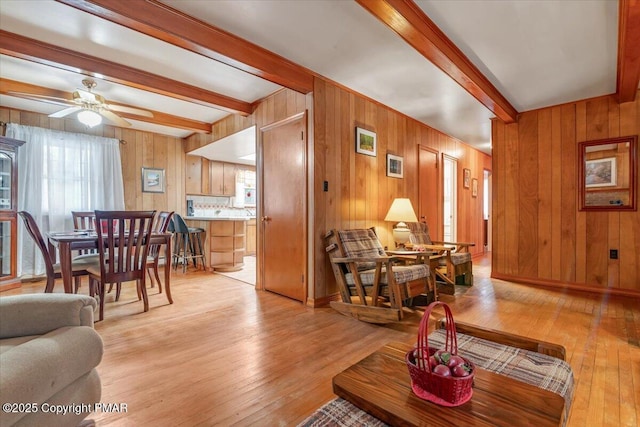 living room featuring beam ceiling, light hardwood / wood-style floors, and wood walls