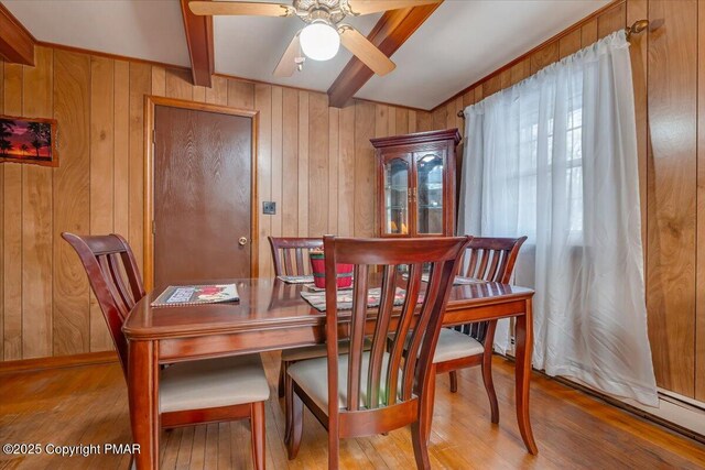 dining space featuring ceiling fan, beam ceiling, wooden walls, and wood-type flooring