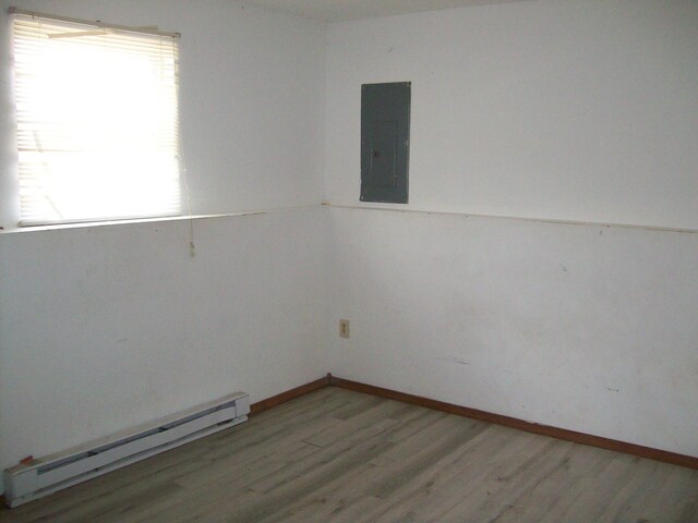 1166 Hunters Woods Dr, East Stroudsburg, PA 18301 - unfurnished room with light wood-style flooring, a baseboard radiator, baseboards, and electric panel