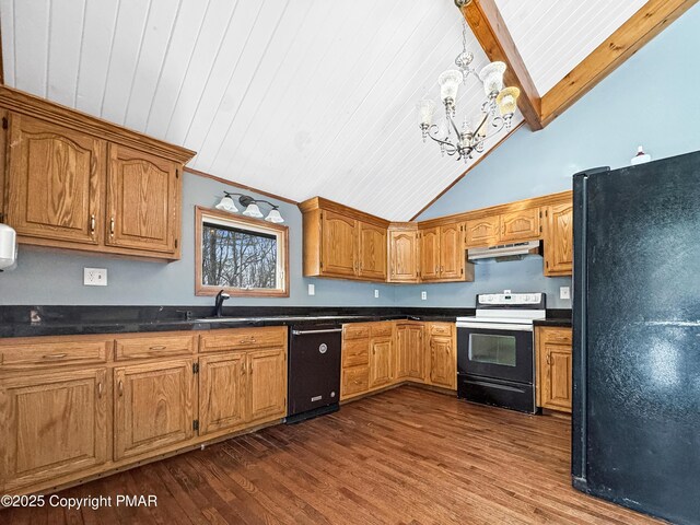 kitchen featuring black appliances, dark wood-style flooring, brown cabinets, and under cabinet range hood