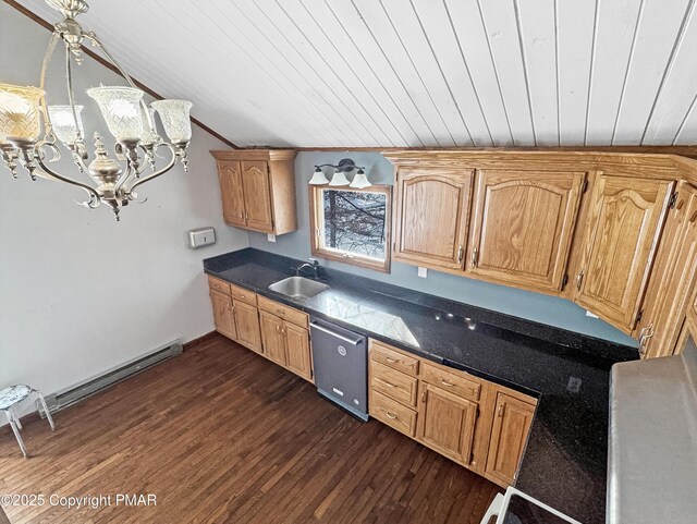 kitchen featuring dishwasher, dark countertops, dark wood-style flooring, vaulted ceiling, and a sink