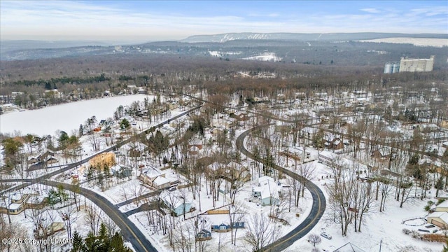 snowy aerial view with a mountain view