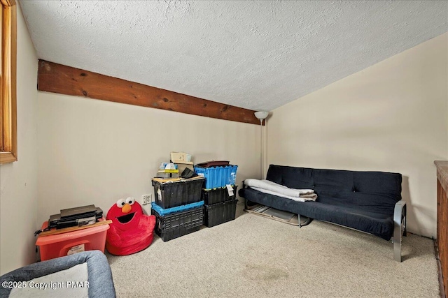 playroom featuring carpet floors, a textured ceiling, and lofted ceiling with beams