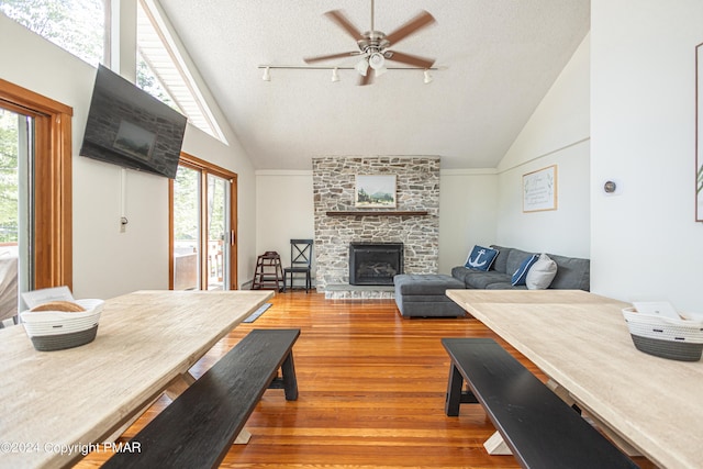 living area featuring a healthy amount of sunlight, vaulted ceiling, a textured ceiling, and wood finished floors