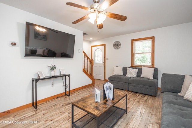 151 S Lake Dr, Lake Harmony, PA 18624 - living area with ceiling fan, stairway, baseboards, and wood finished floors