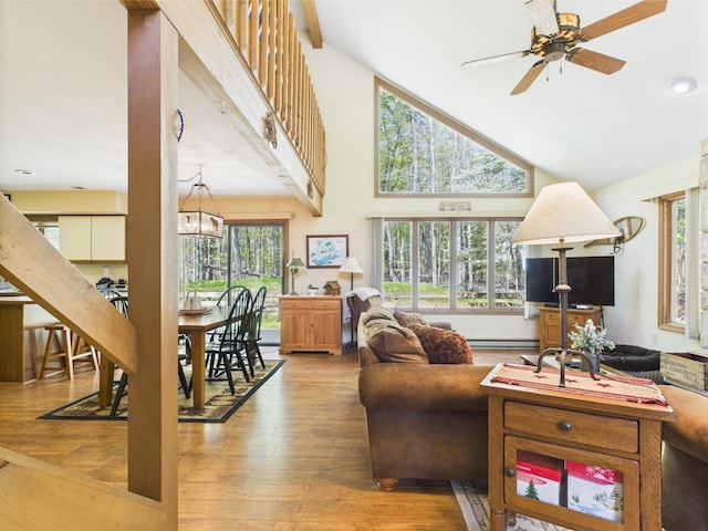 5541 Fox Rd, Pocono Pines, PA 18350 - living room with high vaulted ceiling, wood-type flooring, ceiling fan, and a baseboard radiator