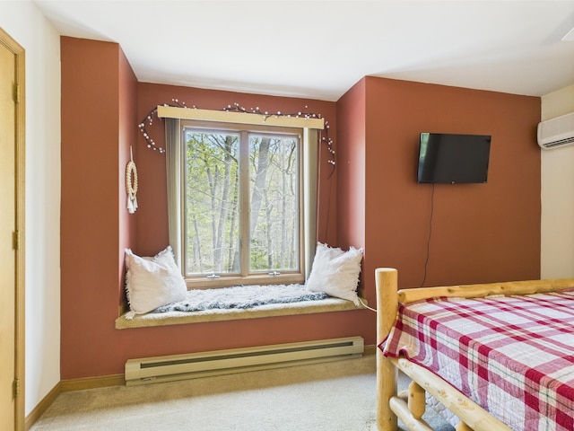 5541 Fox Rd, Pocono Pines, PA 18350 - carpeted bedroom featuring a baseboard heating unit and a wall mounted air conditioner