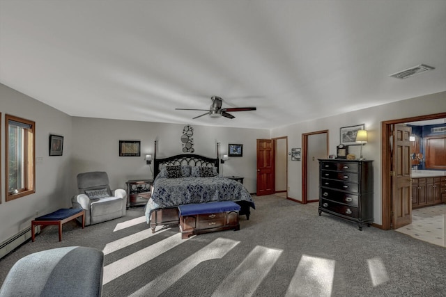 210 Egret Way E, Stroudsburg, PA 18302 - bedroom featuring light colored carpet, baseboard heating, baseboards, and ceiling fan