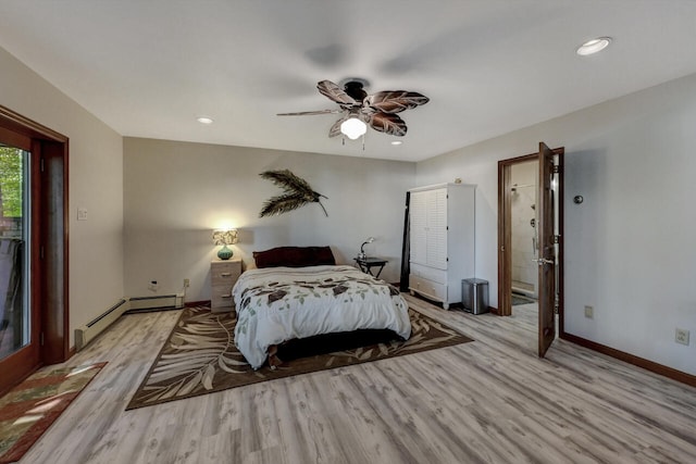 210 Egret Way E, Stroudsburg, PA 18302 - bedroom with light wood-style floors, a baseboard heating unit, baseboards, recessed lighting, and ceiling fan