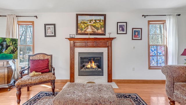 sitting room with light wood-style floors, a wealth of natural light, baseboards, and a high end fireplace