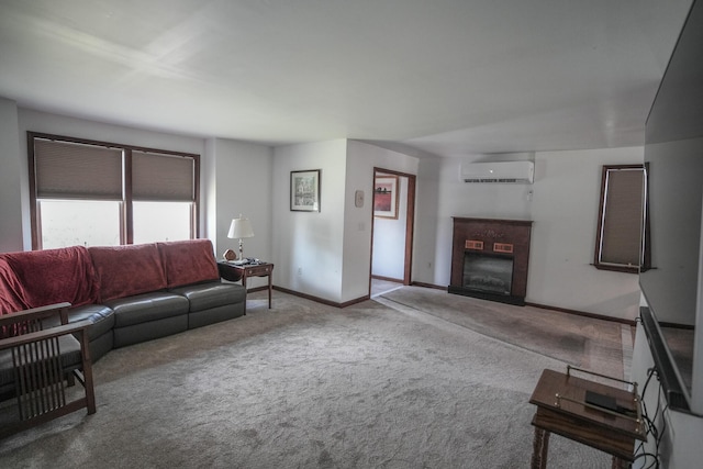 569 Lafayette Ave, Palmerton, PA 18071 - living area featuring carpet floors, an AC wall unit, and a brick fireplace
