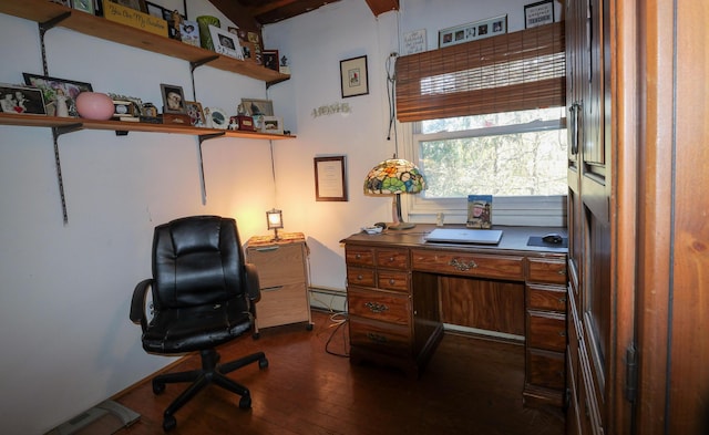 3193 Pine Ridge Dr, Bushkill, PA 18324 - home office featuring a baseboard heating unit and dark wood finished floors