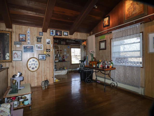 3193 Pine Ridge Dr, Bushkill, PA 18324 - interior space featuring a baseboard heating unit, wooden ceiling, wood walls, and wood finished floors