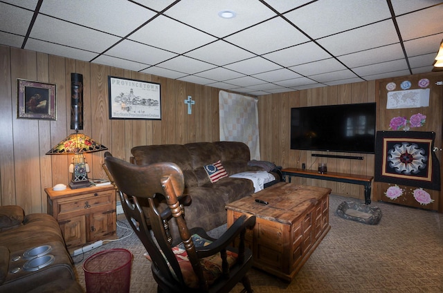 3193 Pine Ridge Dr, Bushkill, PA 18324 - carpeted living area with wood walls and a paneled ceiling