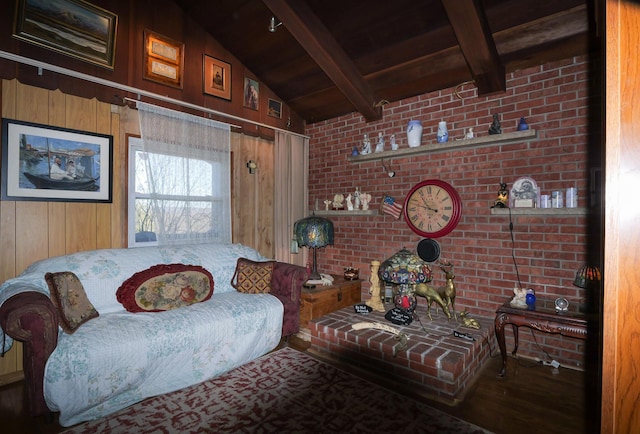 3193 Pine Ridge Dr, Bushkill, PA 18324 - living room with wood finished floors, vaulted ceiling with beams, wood ceiling, and wood walls