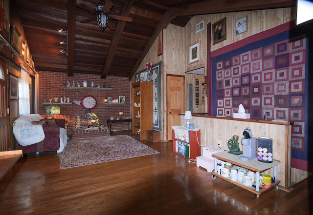 3193 Pine Ridge Dr, Bushkill, PA 18324 - living area with wood finished floors, visible vents, a ceiling fan, and wooden ceiling